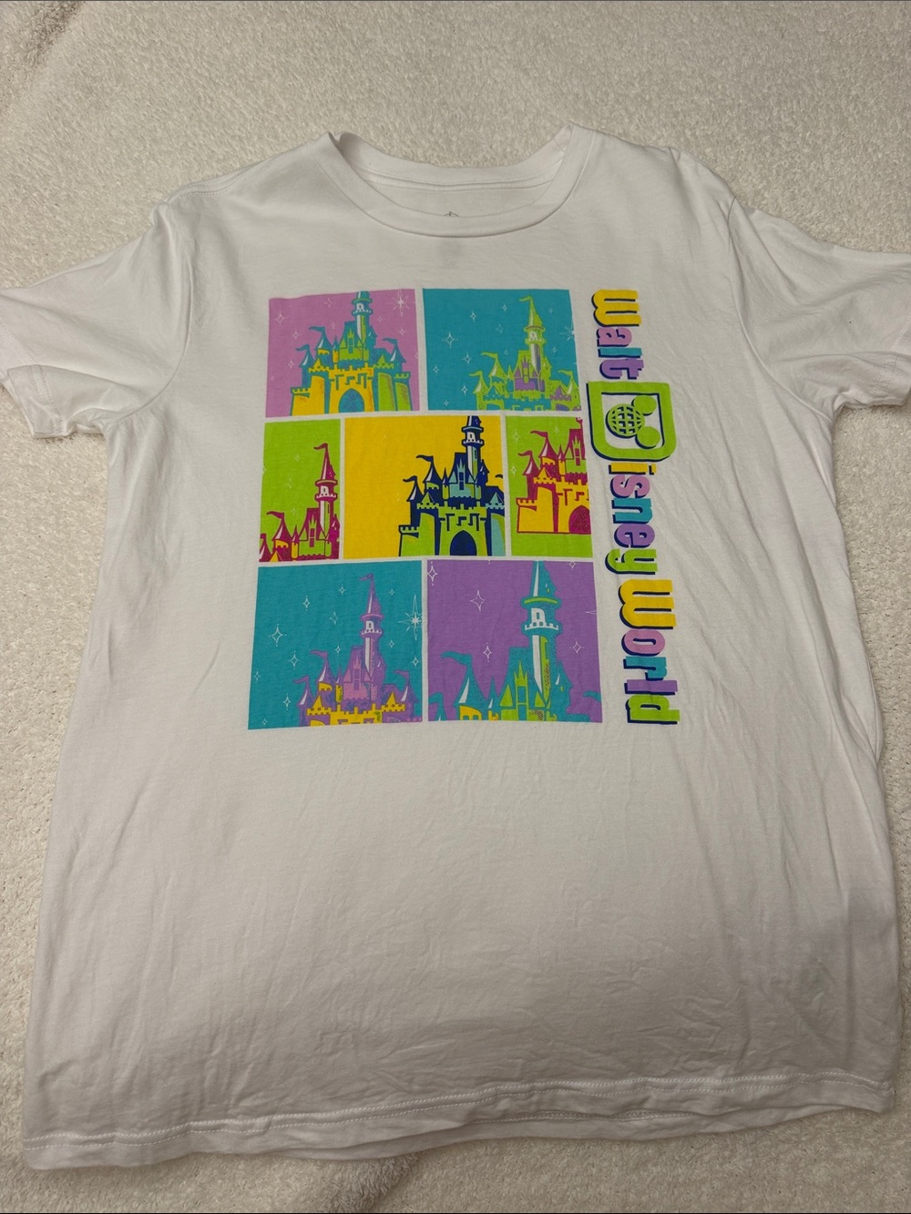 Disney White Tee with Neon Castle Block Pop Graphics